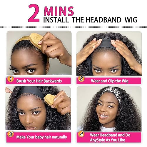 Kinky Curly Headband Wig Human Hair 22 Inch Headband Wigs for Women Human Hair Glueless None Lace Front Curly Wave Wigs Brazilian Virgin Hair Wear and Go Glueless Wig 150% Density Natural Black Color