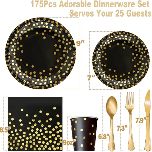AIRE 175PCS Black and Gold Paper Plates Party Supplies for 25 Guests Disposable Party Decorations Dinnerware Golden Dot Bl...