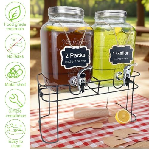 1 Gallon Glass Drink Dispenser for Parties, 2 Packs Juice Lemonade Ice Tea Water Dispenser with Stand, HENABLE Beverage Di...