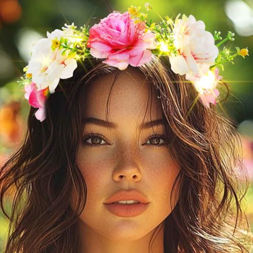 DRESBE Light Up Flower Headbands LED Floral Wreath Crown Headband Glow Rose Garland Hair Accessories for Women