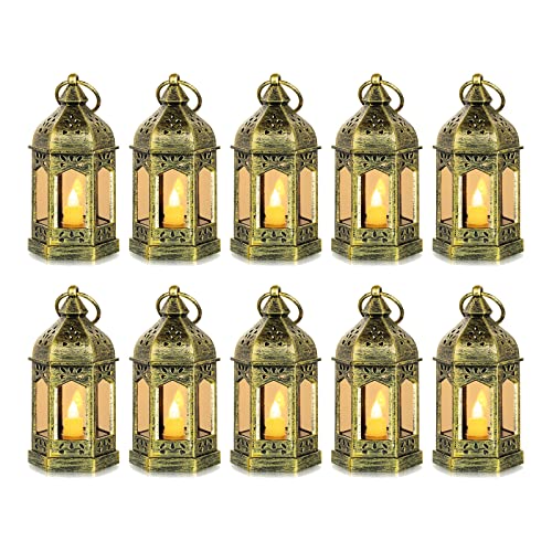 Romadedi Mini Lanterns Decorative for Centerpiece: 10pcs Hanging Small Gold Lantern Bulk with Flickering LED Candles for W...