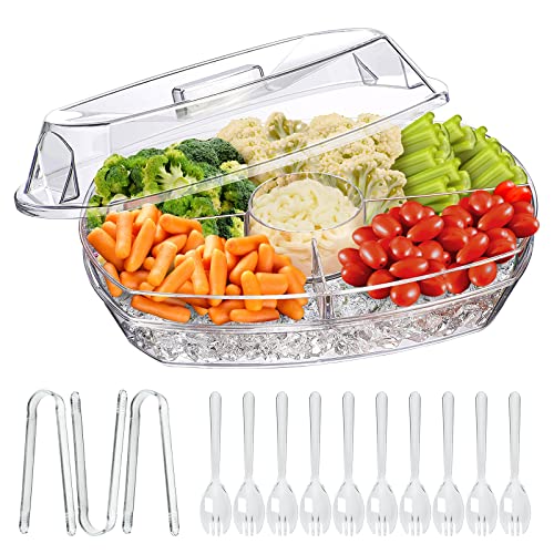 LIMOEASY Chilled Veggie Tray, 15 Inch Clear Party Platter with 4 Compartments, Ice Serving Bowl with Lid, Cold Food Buffet...
