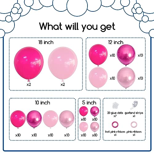 COKAOBE Pink Balloons Garlands Arch Kit, 124pcs Hot Pink Pastel Pink Metallic Magenta Latex Balloons for Wedding Engagemen...