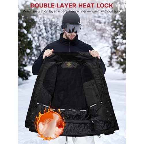 FREE SOLDIER Men's Waterproof Ski Snow Jacket Fleece Lined Warm Winter Rain Jacket with Hood Fully Taped Seams