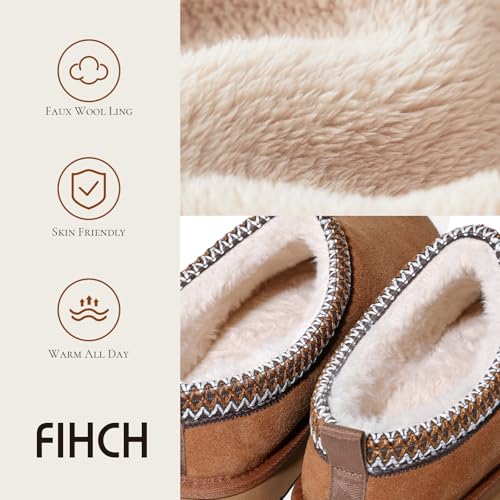 FIHCH Mens Slippers Genuine Suede Fuzzy Slippers Indoor and Outdoor Cozy House Shoes Memory Foam Non-Slip Footwear Winter ...