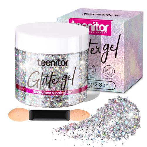Teenitor Body Glitter, Body Glitter Gel, Hair Glitter, Face Glitter, Holographic Chunky Makeup Silver Glitter Gel for Fac...