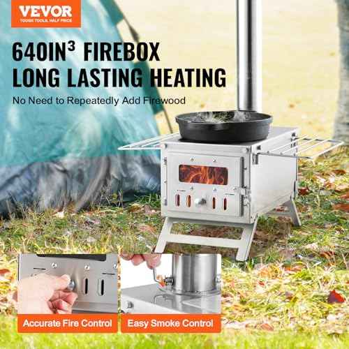 VEVOR Camping Wood Stove Stainless Steel Camping Tent Stove, Portable Wood Burning Stove with Chimney Pipes & Gloves, 700in©øFirebox Hot Tent Stove for Outdoor Cooking and Heating with 8 Pipes