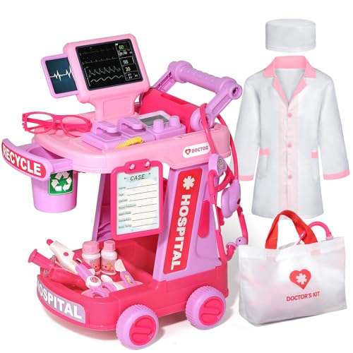 Phobby Doctor Kit for Toddlers Aged 3 4 5, Medical Pretend Play Set for Kids with Bag and Costume, Doctor Cart Toy for Gir...