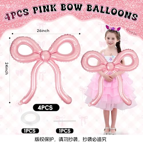 4 Pcs Pink Bow Balloons Bow Birthday Decorations for Girls Women Bow Theme Valentines Day Party Decorations for Bridal Sho...