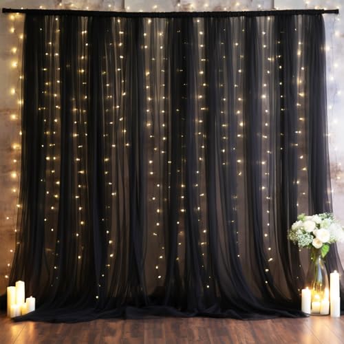 10x10ft Black Tulle Backdrop Curtain with Lights String for Parites, Sheer Photo Backdrop Curtains with Lights for Wedding...