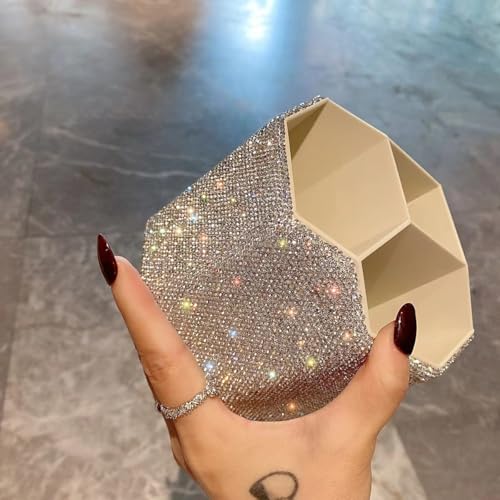 GUFONKOD Bling Design Makeup Brush Holder Organizer,360° Rotating Glitter Rhinestones Cosmetics Storage with 5 Slot Large ...