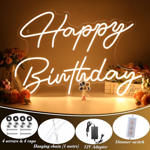 Tujoe 30" x 21" Happy Birthday Neon Sign Large Happy Birthday LED Neon Light Signs with Dimmable Switch 12V Power Adapter ...