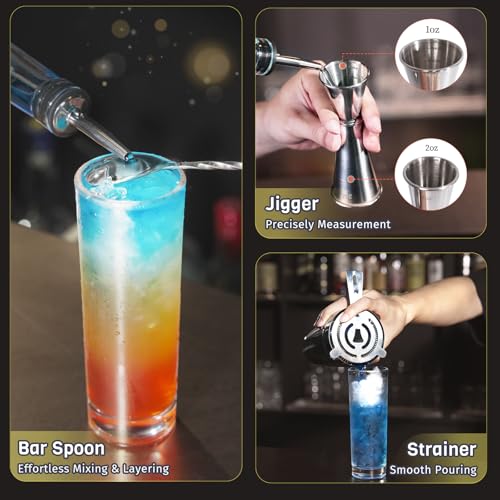 Nexsujo Boston Cocktail Shaker Set, 4-Piece Bar Tools Set, Professional Bar Set with Boston Shaker, Bar Spoon, Jigger, Haw...