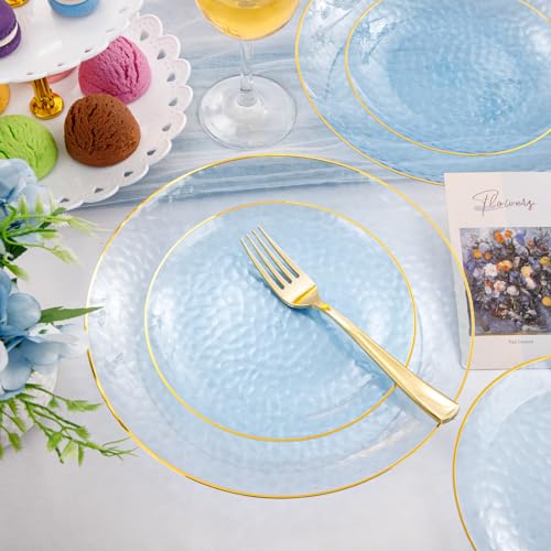 Rubtlamp 175 Pcs Plastic Dinnerware Set (25 Guests), Blue Disposable Plates With Gold Rim, Hammered Party Plates Set Inclu...