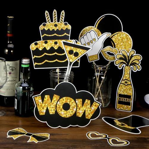 DARCKLE 36PCS Black and Gold Photo Booth Prop, Party Photo Booth Props for Photoshoot Birthday Party Photobooth New Year G...