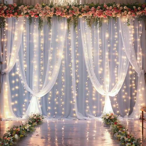 10FT x 7FT White Sheer Curtains with Lights String Tulle Curtain for Living Room Bedroom Parites Wedding Birthday Decorati...