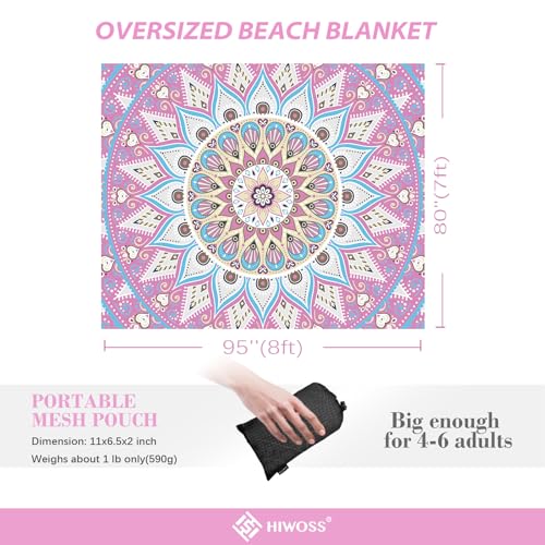 Hiwoss Beach Blanket Waterproof Sandproof Oversized 95”x 80”,Sand Free Beach Mat with Corner Pockets,Portable Mesh Bag for...