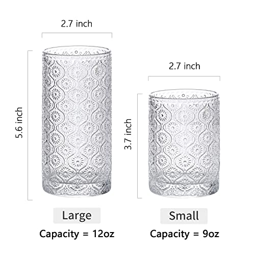 SoulTimes Glass Cups Vintage Glassware Set of 4, Drinking Glasses 12.5oz, Embossed Pattern Style Transparent Cocktail Glas...