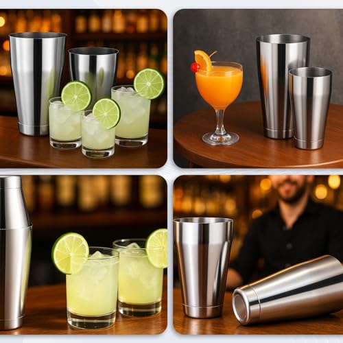 JJUNW 8Pcs Boston Cocktail Shaker, Professional Silver Stainless Steel Tins Bartender Kit with 18oz & 24oz Mixed Drink Sha...