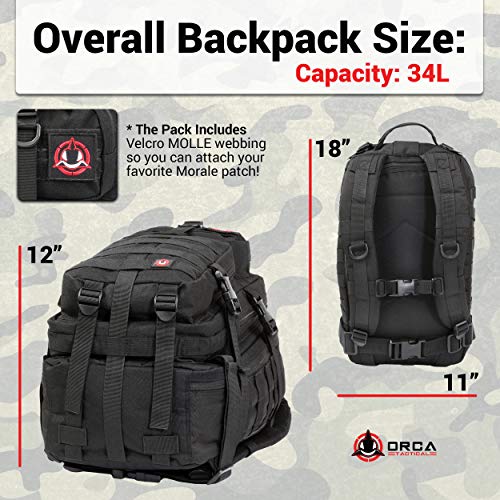 ORCA 34L Military Tactical Backpack – Heavy Duty Waterproof Rucksack for Camping, Hiking & Survival, 600D Polyester (Black)