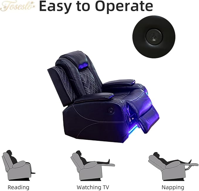 Toseslo Living Room Furniture Sets, Power Recliner Sofa Set with LED Light, Black Leather Sofa and 2 Chairs Set, Modern Power Reclining Sets with Storage Console for House