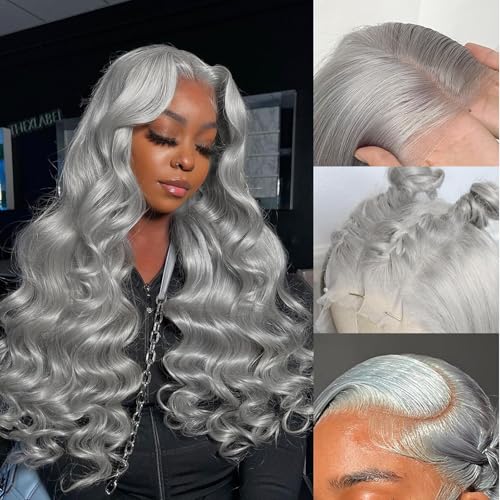 20 Inch Grey Body Wave Lace Front Wigs Human Hair 180 Density HD Transparent 13x4 Lace Frontal Wig Pre Plucked With Baby Hair Gray Lace Closure Glueless Wigs For Women