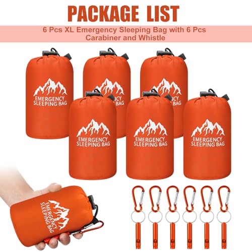 Oudain 6 Pcs XL Emergency Sleeping Bag 94.5" x 49.2" Waterproof Survival Sleeping Bag with Whistle Carabiner Portable Ther...