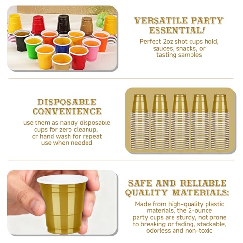 Pineburg 200Pack 2oz Mardi Gras Plastic Shot Cups, Gold Plastic Shot Glasses, Mini Disposable Cups for Parties Valentine's...