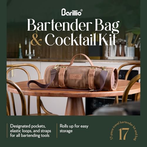 Barillio Bartender Kit Bag with Cocktail Shaker Set - Waxed Canvas, Traveling Bar Tools Bag with 17-Pc Cocktail Kit - Trav...