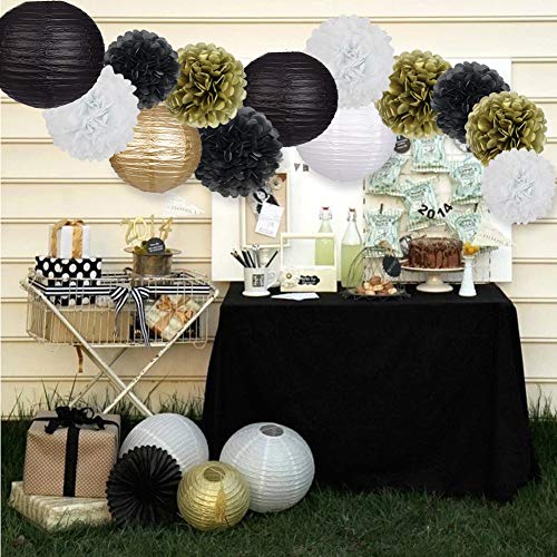 zilue Black Gold Party Decorations, Black Gold Paper Lanterns and Pom Poms Flowers for Birthday Graduation Masquerade New ...
