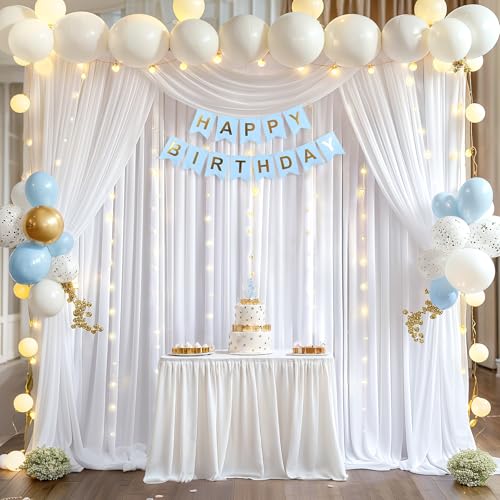 Wish Care 10x10ft White Backdrop Curtains with Lights String for Parties Wrinkle Free White Curtains Soft Fabric Photo Dra...