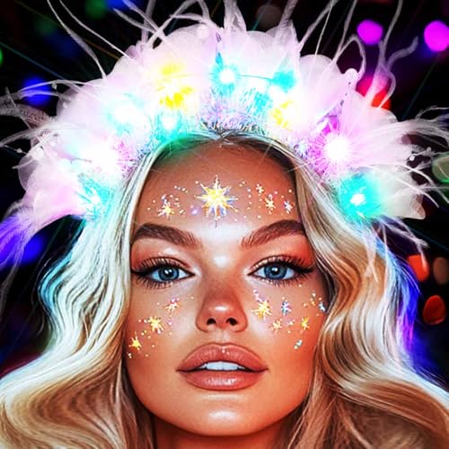 Latious LED Crown Headband White Light Up Feather Headpiece Glow Rave Headbands for Bride and Women (White-Colorful Light)