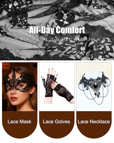Quafochi 4pcs Masquerade Mask Set for Women – Gothic Choker, Gloves & Lace Masks, Adjustable & Lightweight for Halloween, ...