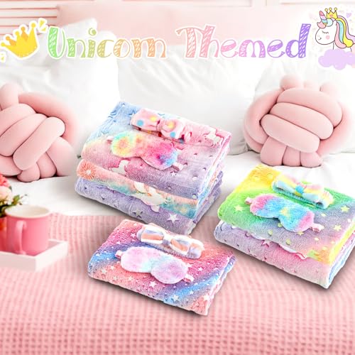 Fanfanwin 18 Pcs Sleepover Party Supplies, 6 Glow in The Dark Unicorn Blanket 6 Coral Fleece Headband 6 Plush Eye Mask Cov...