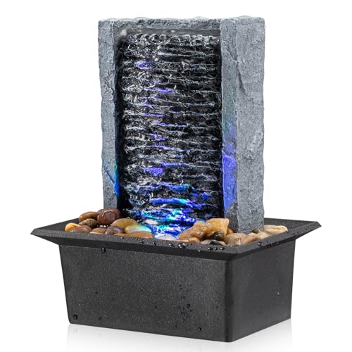 Tabletop Fountain Indoor Waterfall Rock Fountain LED-Lights Water Feature Waterfall for Modern Home and Office Indoor Deco...