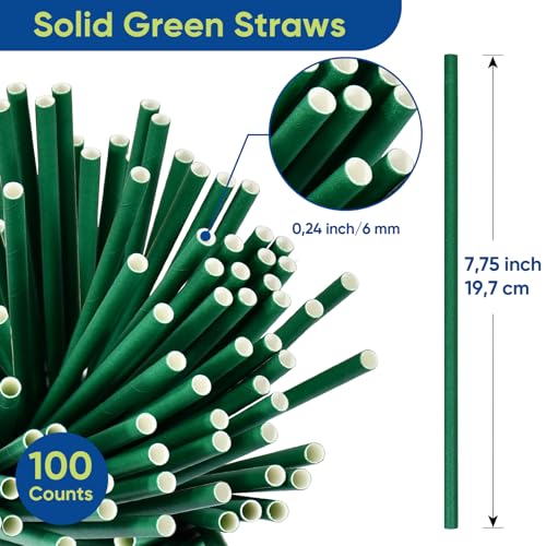 Lives on Green Disposable Paper Straws Solid Green - 7.75'' x 0.24'', 100 Counts - for Drinking, Beverage, Juice, Soda, Ba...