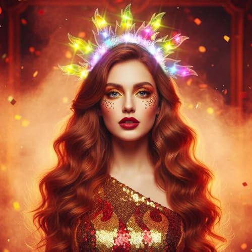 DRESBE Light Up Sun Goddess Headband LED Flame Headbands Fire Halo Party Hair Accessories for Women (Colorful Light)