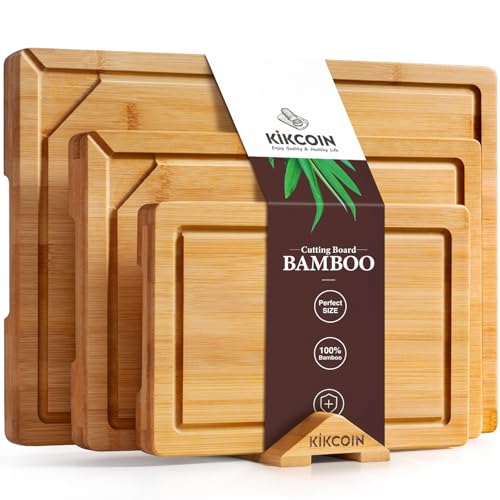 Kikcoin Bamboo Cutting Boards for Kitchen, 3 Piece Wood Cutting Board Set with Stand and Non-slip Feet, Knife Friendly Cho...