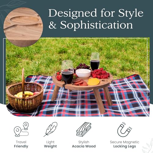 Portable Wine Picnic Table with 4 Wine Glasses Holder, Acacia Natural Wood Foldable Champagne Picnic Snack Table Tray, Per...