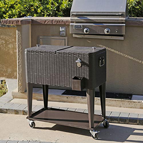 80 Quart Qt Rolling Cooler Ice Chest Cart for Outdoor Patio Deck Party, Dark Brown Wicker Faux Rattan Tub Trolley, Portabl...