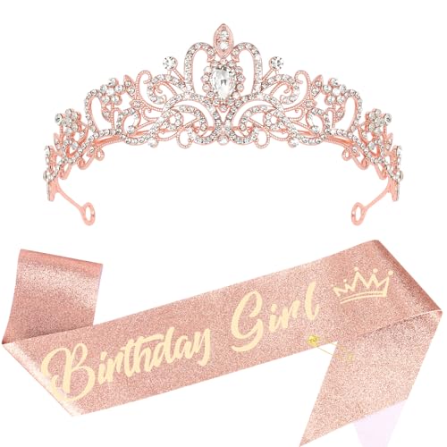 CIEHER Birthday Girl Crown and Sash - Rose Gold Tiara Birthday Decorations for Women and Girls
