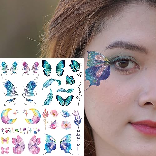 18 Sheets Glitter Temporary Tattoos for Women, Rosymormor Fairy Butterfly Flower Fake Tattoos for Party Favors, Face Glitt...