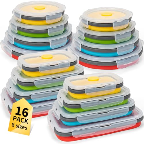Collapsible Food Storage Containers with Lid & Air Vent, 16 Pack, 8 Rectangular + 8 Round, Annaklin Foldable Silicone Lunc...