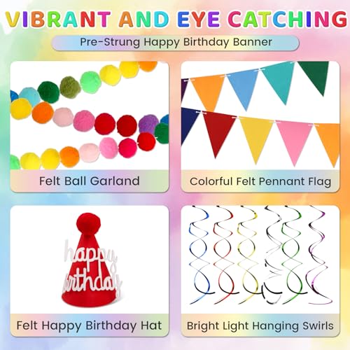 Pre Strung Happy Birthday Banner Set - Felt Ball Garland, Felt Birthday hat and Pennant Flags & Colorful Hanging Swirl, Re...
