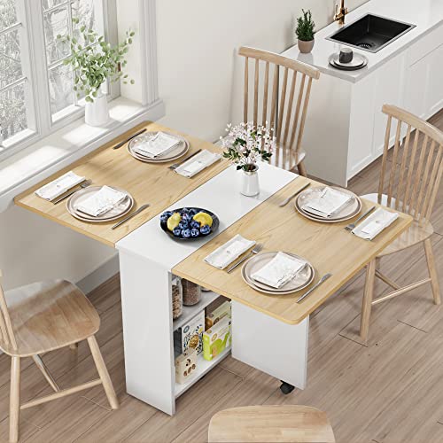 Space Saving Folding Dining Table with 2 Tier Storage-Extendable Drop Leaf Farmhouse Wood Kitchen Dining Room Tables Set f...