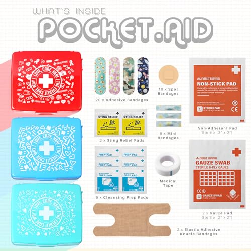 EVERLIT Pocket-Aid Mini First Aid Kit | Compact, Portable Hard-Shell Cases of 50 Items | Cuts, Scrapes, Wound Care Essenti...