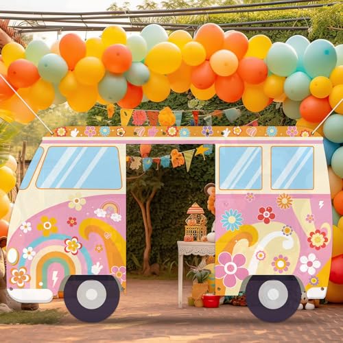 Hippie Bus Porch Signs Banners Groovy 60s Retro Bus Door Decor Hippie Party Supplies Daisy Door Backdrop 70s Daisy flower ...