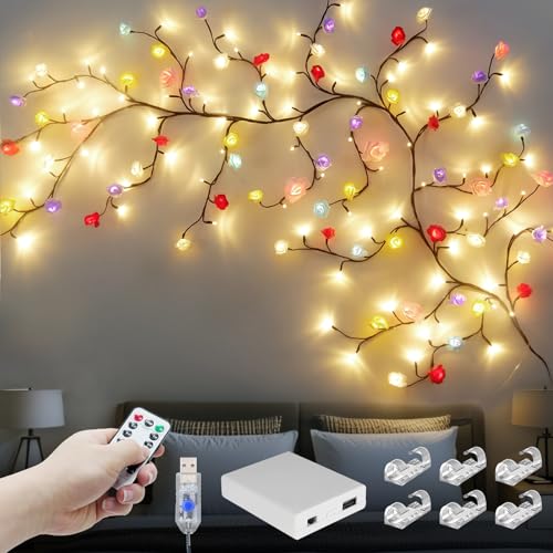 FNHMSL Macaroon Rose Blossom Enchanted Willow Vine Lights, 7.55FT 144LED 6 Color Blossom Tree Branch Lights for Wall, Remo...
