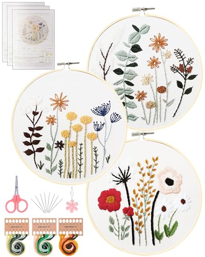 Santune 3 Sets Embroidery Kit,Cross Stitch Kits for Beginners,Needlepoint Kits for Adults with Easy Floral Pattern Hand Cr...