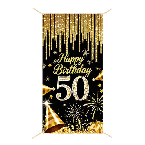 HOMETITUTE 50th Birthday Door Cover 71x35 Inch Black and Gold Birthday Banner for Party Decorations Diamond Number Backdro...